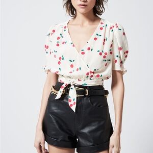 🍒The Kooples Ecru Silk Cherry Print Shirt with Sash 4/L